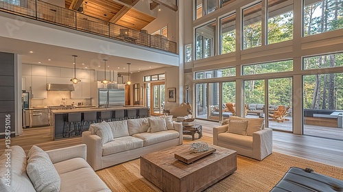 Wallpaper Mural Bright and airy high-ceilinged home living room and kitchen seamless blend of modern and rustic elements large windows and soft natural light.   Torontodigital.ca