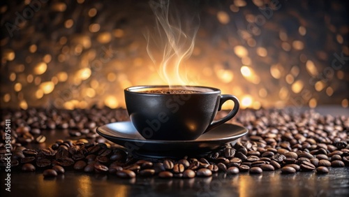 Aromatic Coffee Steam Rising from Dark Cup Surrounded by Roasted Beans on a Reflective Surface with a Warm, Bokeh Background