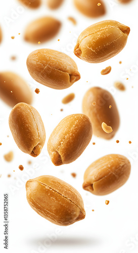 Salted Peanuts Falling with Crumbs and Dust on White Background
