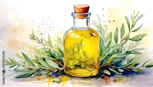 Watercolor painting of an olive oil bottle with sprigs of herbs such as sage, thyme and rosemary.