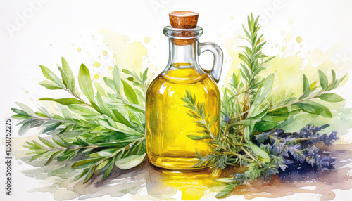Watercolor painting of an olive oil bottle with sprigs of herbs such as sage, thyme and rosemary.