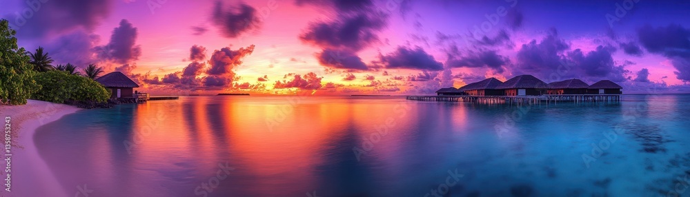 Naklejka premium A stunning sunset casts vibrant hues of orange, pink, and purple across the sky, reflecting on the calm ocean waves. Silhouetted beach huts line the sandy shore, creating a serene coastal scene.