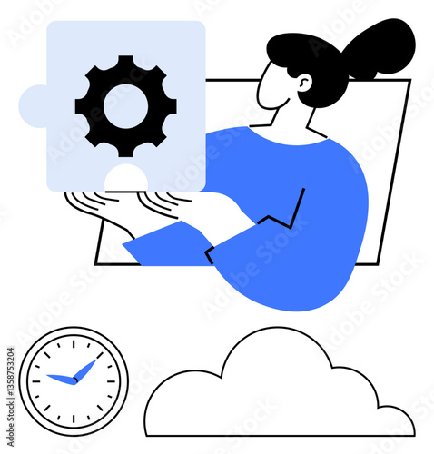 Woman holding gear-shaped puzzle piece, symbolizing collaboration and efficiency. Includes clock for time management, cloud for virtual storage. Ideal for teamwork, innovation, creativity, strategy