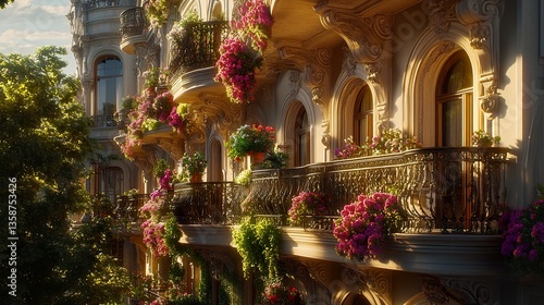 Wallpaper Mural Classic German apartment block with ornate stucco details tall arched windows and flower-filled balconies charming and timeless ambiance.   Torontodigital.ca