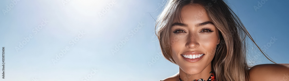 Smiling woman enjoying sunny beach day by the ocean under clear blue skies Smiling woman enjoying sunny beach day by the ocean under clear blue skies