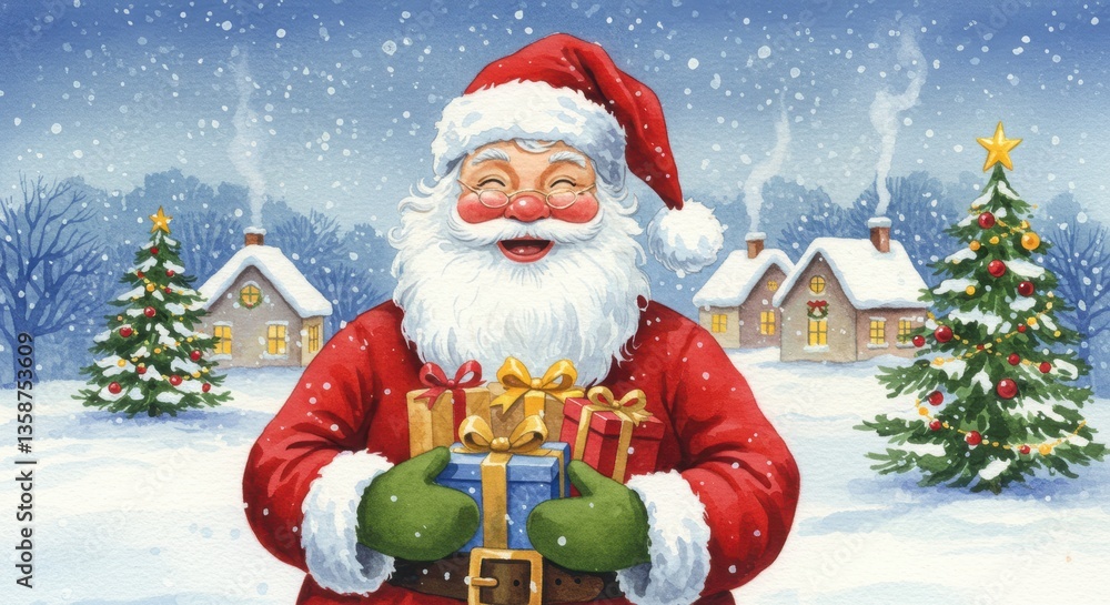 Joyful santa claus holding gifts in snowy christmas village with decorated trees Joyful santa claus holding gifts in snowy christmas village with decorated trees
