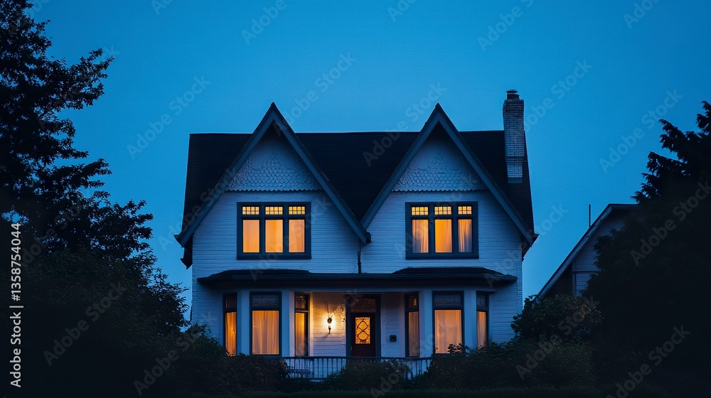Classic white home with two symmetrical peaks and a dark roof bathed in warm light under a serene deep blue evening sky. Classic white home with two symmetrical peaks and a dark roof bathed in warm light under a serene deep blue evening sky.