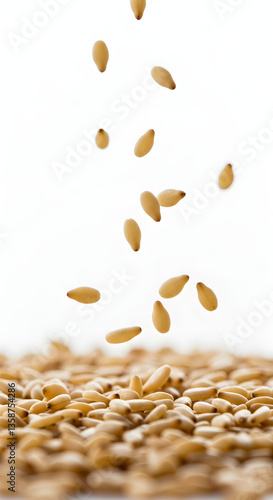 Close-Up of Falling Pine Nuts on a White Background
