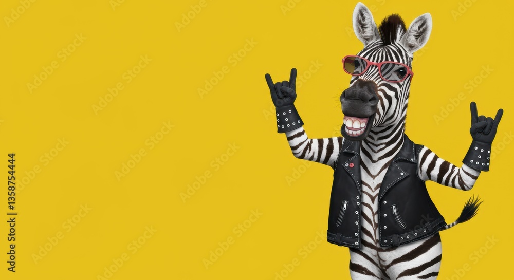 Fototapeta premium Zebra rockstar in sunglasses and leather vest making hand signs on yellow background