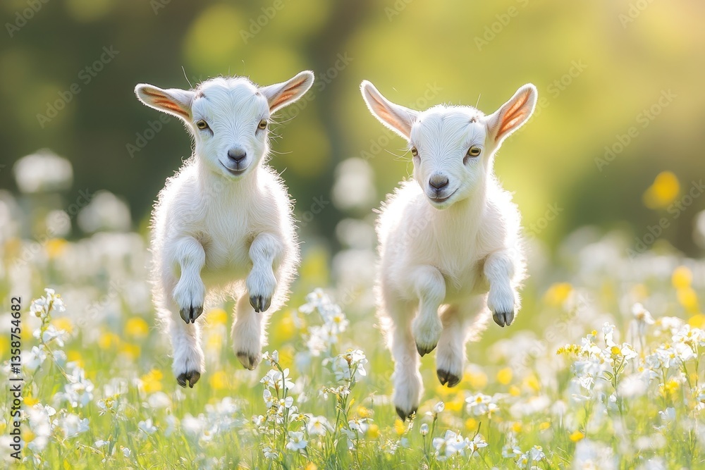 Two white baby goats are joyfully jumping in a vibrant flower meadow. It represents spring, youth, freedom and could be used for kids projects. Two white baby goats are joyfully jumping in a vibrant flower meadow. It represents spring, youth, freedom and could be used for kids projects.