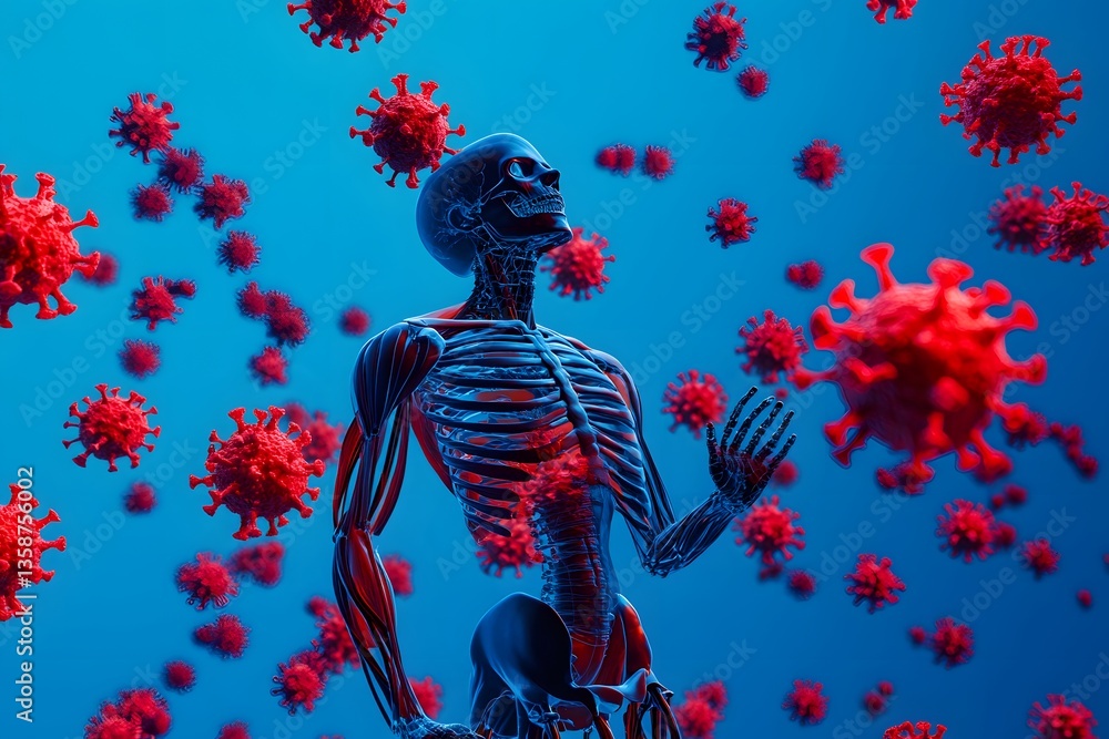 Obraz premium Human Body Surrounded by Virus Cells on Blue Background, AI-Generated