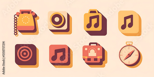 Retro-styled icons of vintage communication music and travel items