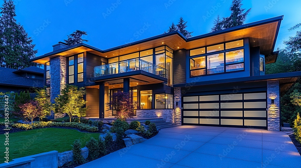 Fototapeta premium Contemporary luxury home illuminated by soft outdoor lighting reflecting off clean architectural lines under a deep blue evening sky. 