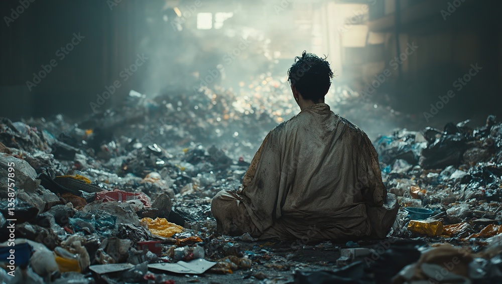 Fototapeta premium Young Child Sitting Amidst a Pile of Trash in a Dark, Gloomy Environment