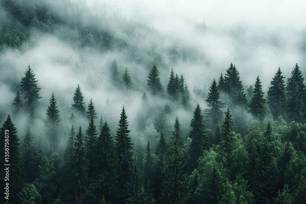 Misty mountain forest. Lush green conifers shrouded in a thick fog Misty mountain forest. Lush green conifers shrouded in a thick fog