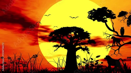 Sunset african wildlife scene elephant giraffe and monkey trees silhouettes animation