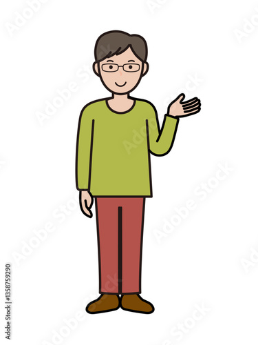 案内や説明をするイメージのインテリ風の若い男性の全身イラスト