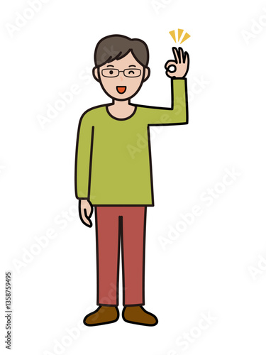 了解のOKサインを出すインテリ風の若い男性の全身イラスト