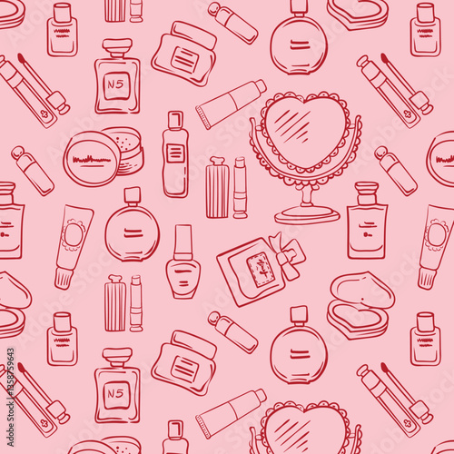 Seamless pattern with cute coquette vintage girly cosmetics. Hand drawn background in doodle style. Vector drawing for invitation, scrapbooking, postcard or personal secret diary.