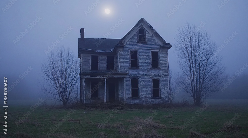 Eerie old abandoned house with broken windows, peeling paint, and a sagging roof surrounded by dead trees under a foggy moonlit sky. Eerie old abandoned house with broken windows, peeling paint, and a sagging roof surrounded by dead trees under a foggy moonlit sky.