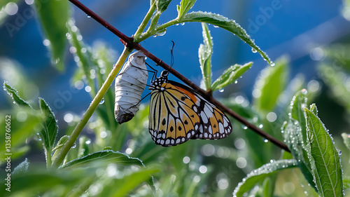 Emerging butterfly from chrysalis dew-kissed leaves