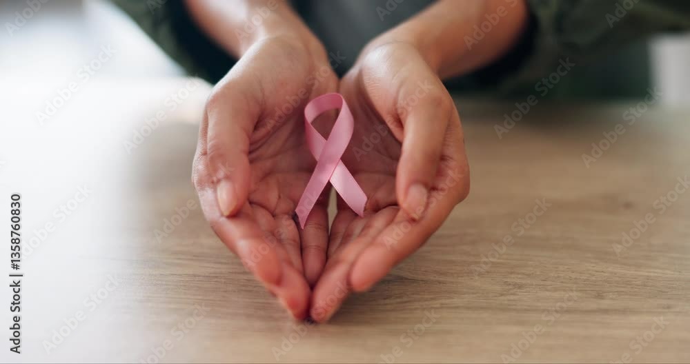 Pink ribbon, hands and woman at desk for breast cancer, healthcare or care. Support, community help and movement icon with disease prevention, person or recognition for empathy, charity and awareness Pink ribbon, hands and woman at desk for breast cancer, healthcare or care. Support, community help and movement icon with disease prevention, person or recognition for empathy, charity and awareness