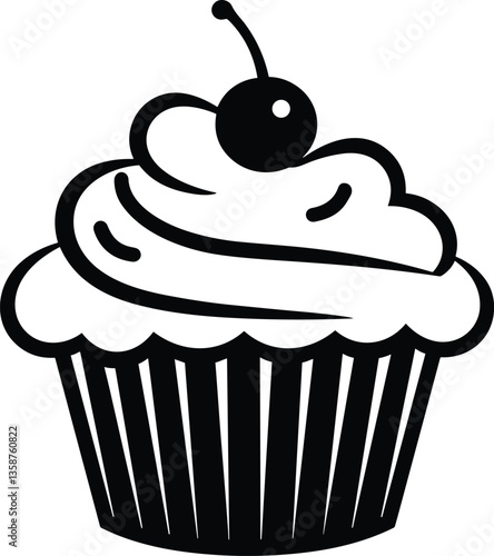 A Decorative Cup Cake with Cherry Icon Vector Illustration on White Background.