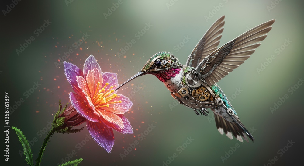 Fototapeta premium Mechanical Hummingbird Hovering Near Vibrant Flower Steampunk Bird Digital Art