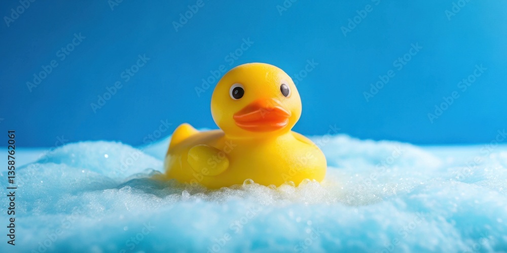 A cheerful yellow rubber ducky playfully bobs in a sea of light blue foam, a delightful scene of bath time bliss. A cheerful yellow rubber ducky playfully bobs in a sea of light blue foam, a delightful scene of bath time bliss.