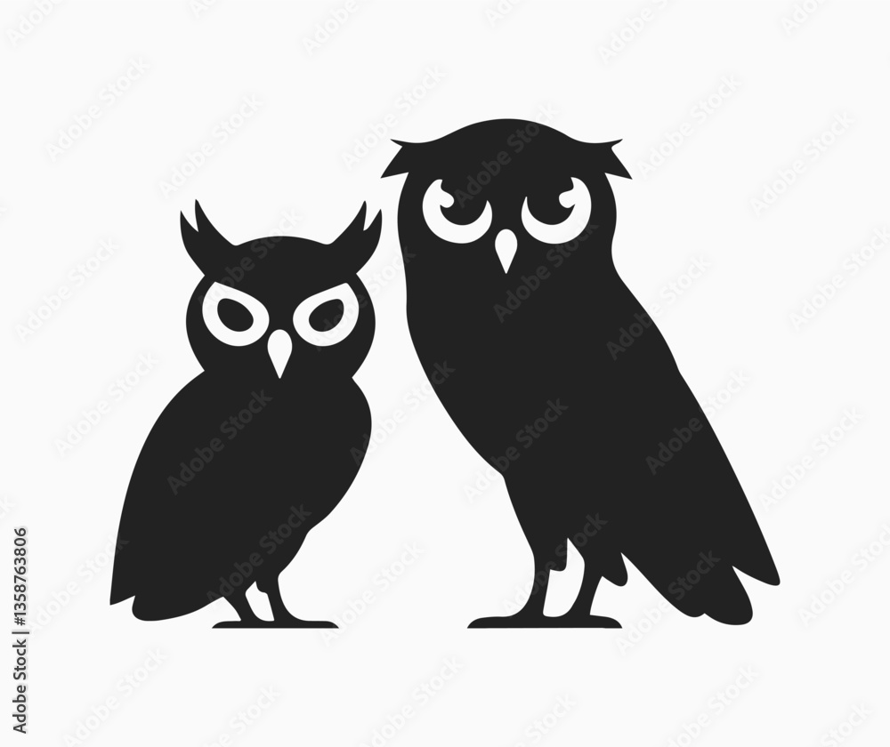 Fototapeta premium Cute cartoon owls sitting together on a tree branch