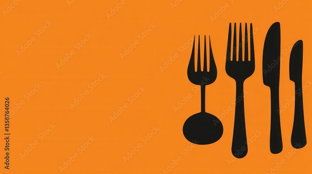 A sleek black fork and knife are elegantly arranged on a vibrant orange background, creating a striking contrast that enhances the modern dining aesthetic. A sleek black fork and knife are elegantly arranged on a vibrant orange background, creating a striking contrast that enhances the modern dining aesthetic.