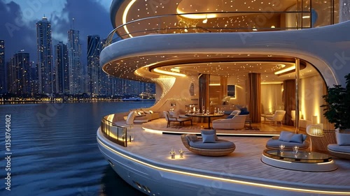 Luxury Yacht at Night with City Skyline