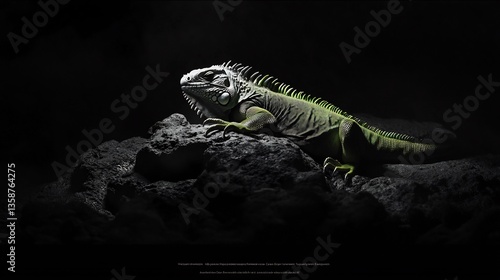 Neon green iguana basking on a black and white rock its textured scales reflecting the light