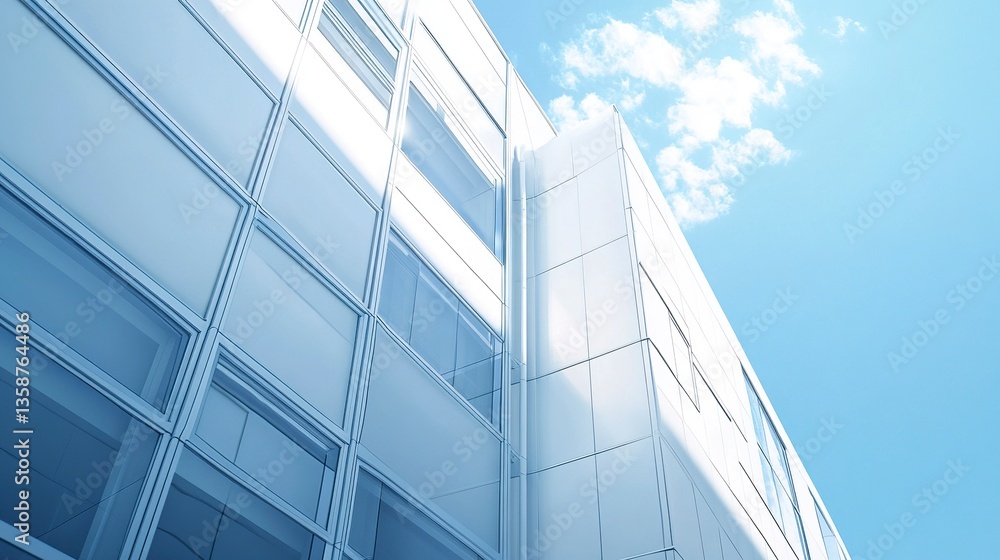 Fragment of a sleek residential apartment flat clean white facade large glass panels and subtle metallic accents under a clear blue sky. Fragment of a sleek residential apartment flat clean white facade large glass panels and subtle metallic accents under a clear blue sky.