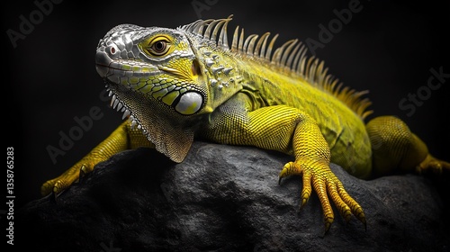 Wallpaper Mural Neon green iguana basking on a black and white rock its textured scales reflecting the light Torontodigital.ca