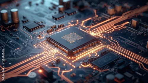 High-tech circuit board with glowing processor