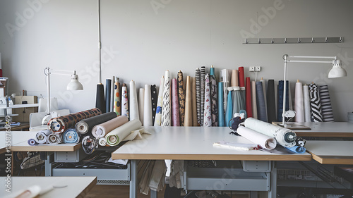 Sewing studio workspace with fabric rolls and sewing equipment