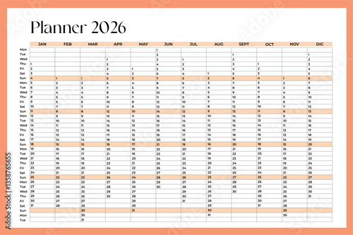 Monthly calendar template for 2026 year. Minimalist and aesthetic style. Wall or desk calendar. Diary planner for 2026 year. Week Starts on Sunday. Paper vector set