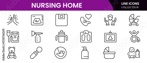 Nursing home icon set with elderly care, disabled, nurse, emergency, medical, hospital, responsibility and caring.