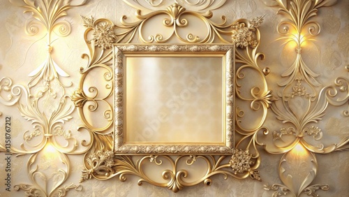 Elegant Gold Ornate Frame Adorning a Luxurious Wall with Intricate Decorative Molding