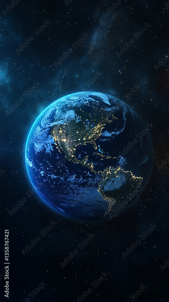 Fototapeta premium A realistic view of the Earth from space at night, highlighting North America and Mexico, with bright city lights glowing in blue tones on its streets and roads.