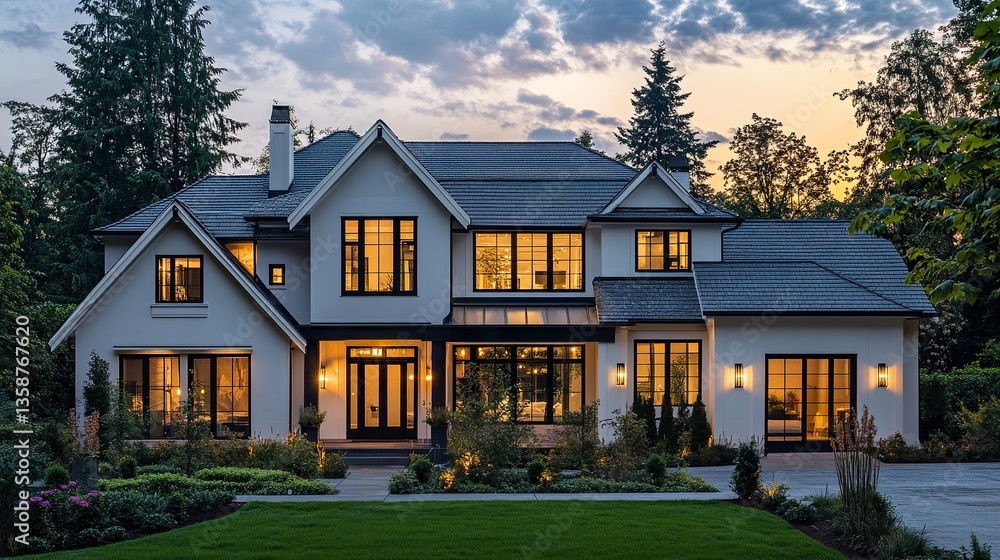 High-end newly constructed house with clean white walls, sleek black accents, and lush green surroundings illuminated by golden hour light. High-end newly constructed house with clean white walls, sleek black accents, and lush green surroundings illuminated by golden hour light.