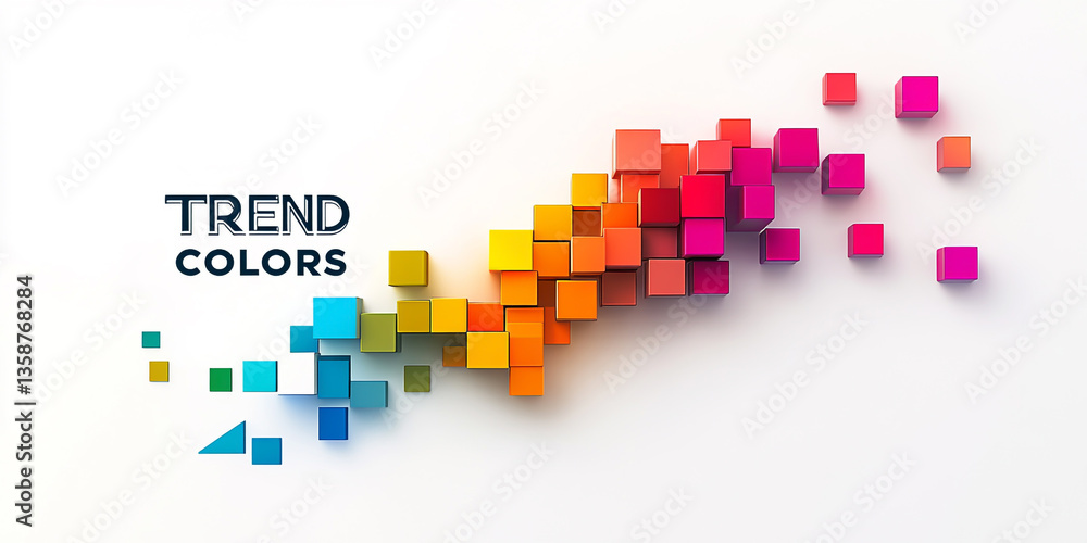 Fototapeta premium Colorful blocks arranged in the shape of an upward-pointing arrow, with TREND COLORS written above them on a white background