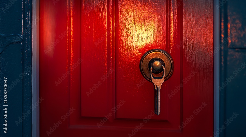 Obraz premium Key inserted in a bright red door glowing softly under evening light, symbolizing security and a sense of home.