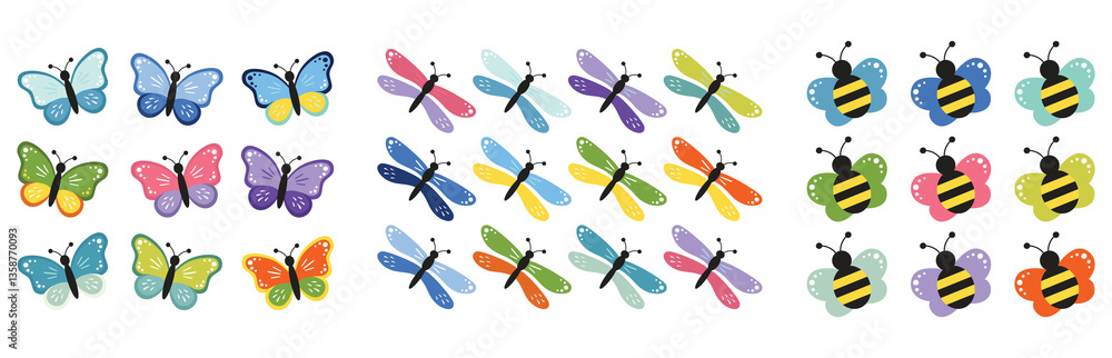 Naklejka premium Cute butterfly, dragonfly, bee, bumblebee collection, kids cartoon vector. Illustration isolated on white background. Color insect clipart. Baby shower design elements. Party invitation, birthday cele