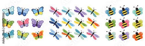 Cute butterfly, dragonfly, bee, bumblebee collection, kids cartoon vector. Illustration isolated on white background. Color insect clipart. Baby shower design elements. Party invitation, birthday cele