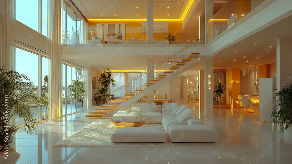 Luxurious duplex apartment with a double-height living space modern design, subtle lighting, and clean architecture creating an open, airy feel.