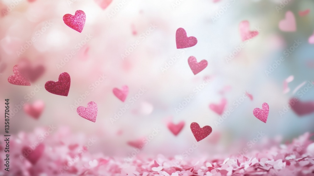 Romantic pink heart confetti filling the air against a dreamy Valentine Day background of love. Romantic pink heart confetti filling the air against a dreamy Valentine Day background of love.