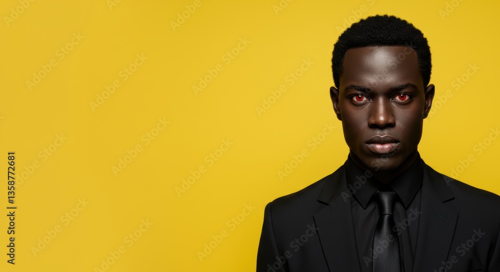 Fototapeta premium Confident young man with intense gaze in black suit against yellow background