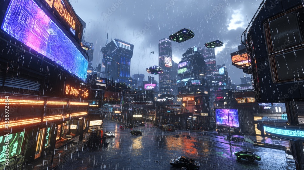 Obraz premium 3D rendered neon-lit cityscape, skyscrapers with holographic displays, light reflections glimmering on rain-soaked streets, flying vehicles in the distance, dynamic color palette of blues, purples,